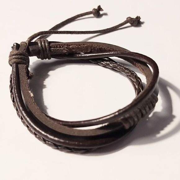 Men's bracelet leather braided layered brown new d48 - Picture 1 of 1
